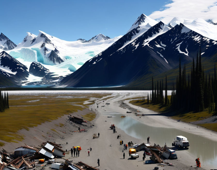 Group with vehicles and equipment by winding river, glacier, snow-capped mountains, blue sky