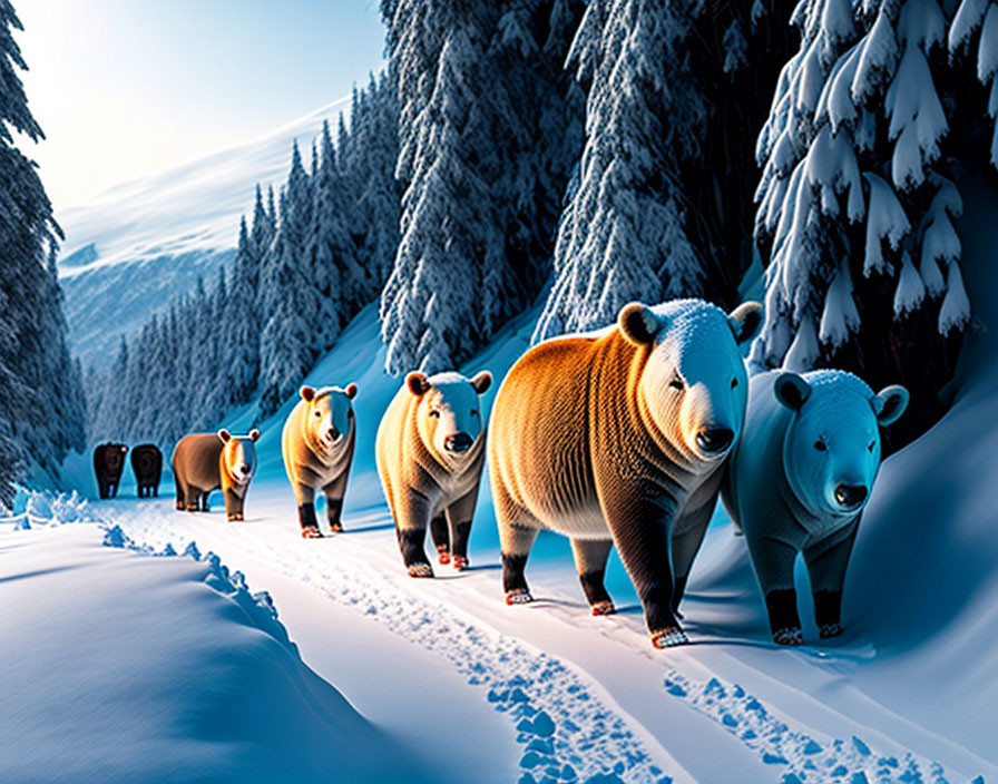 Multicolored bears in snow-covered pine forest