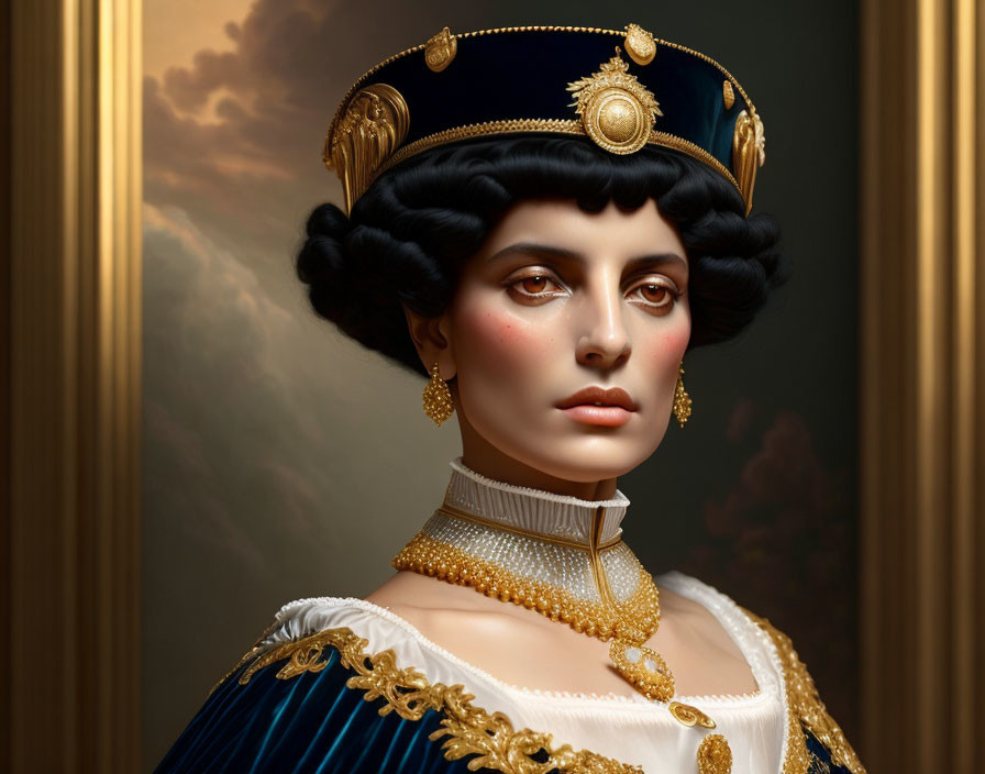 Digital portrait of a woman styled as historical figure with dark curly hair and ornate attire.