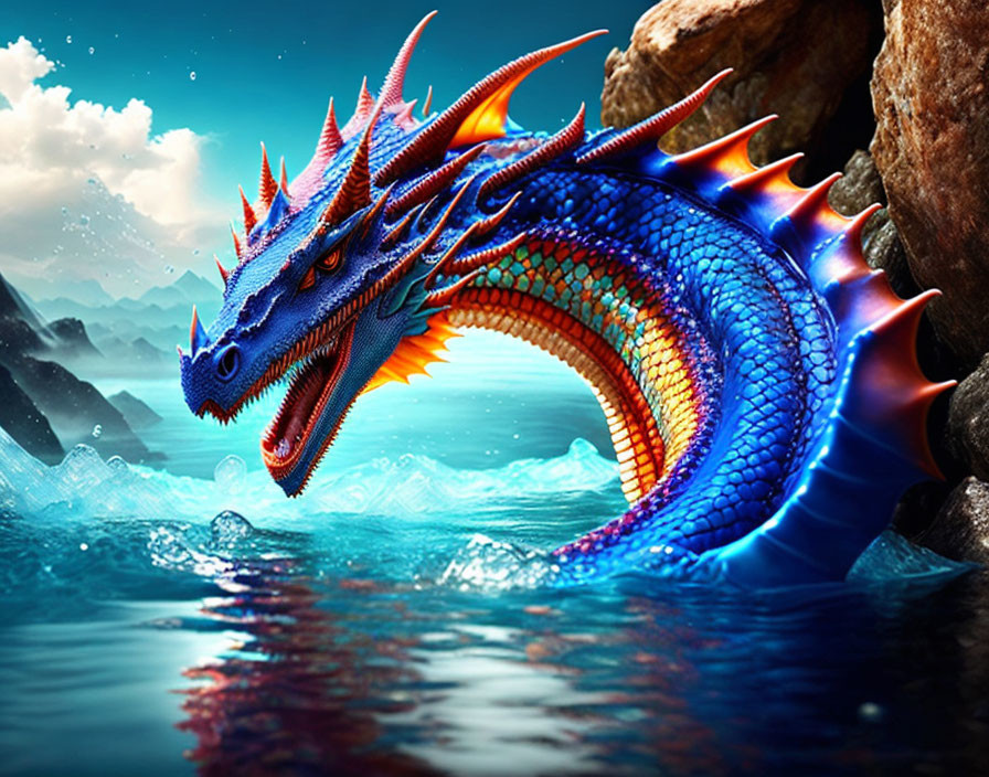 Colorful Dragon Emerges from Sea Against Stormy Sky