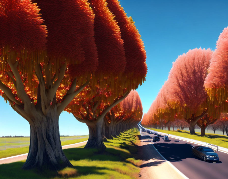 Surreal scenic roadway with vibrant red-orange tree canopies