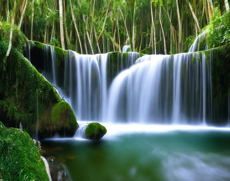 Tranquil forest scene with smooth waterfall and mossy ledge