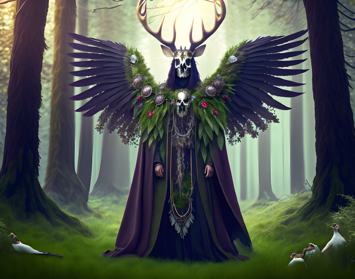 Mystical figure with stag horns and bird wings in foggy forest among doves