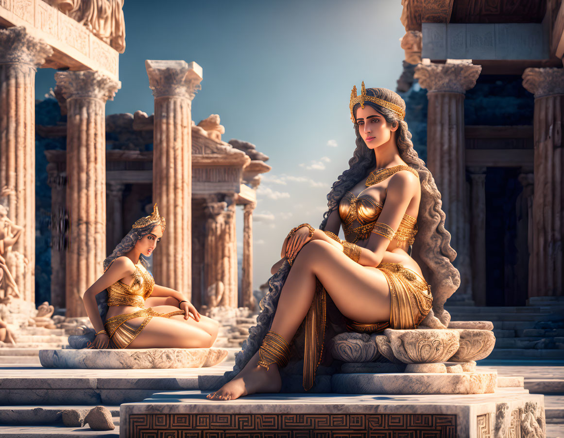 Women as Greek goddesses on stone thrones in ancient setting under blue sky