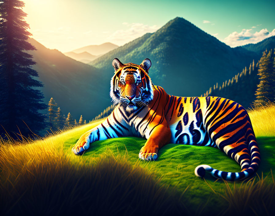 Tiger resting on grass with green mountains and sunny sky