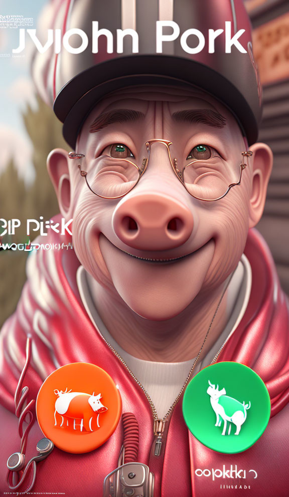 Illustration of person with pig's snout, glasses, helmet, red jacket, and whimsical