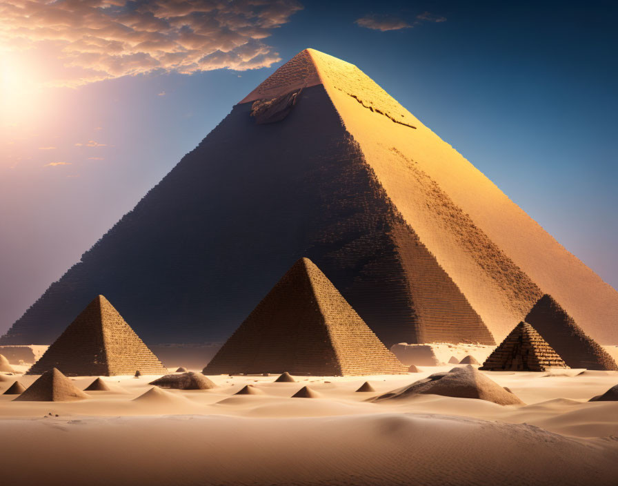 Pyramids silhouetted by sunlight against blue sky