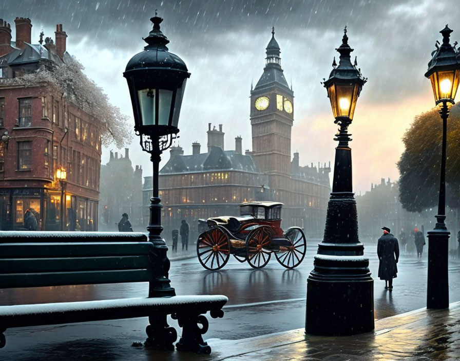 Rainy evening in London: Elizabeth Tower, street lamps, horse-drawn carriage, person with umbrella