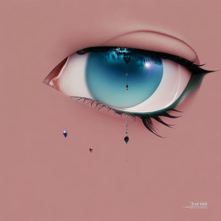 Surreal eye art with ocean and jewels on pink background