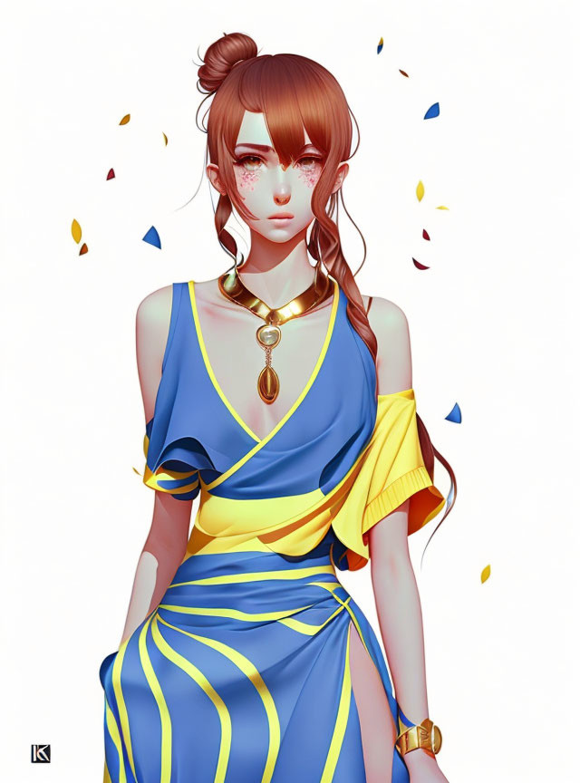 Illustrated character with brown hair in bun, teary eyes, wearing blue and yellow outfit with gold