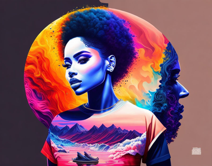 Colorful digital artwork: Two women with afro hair in vibrant colors