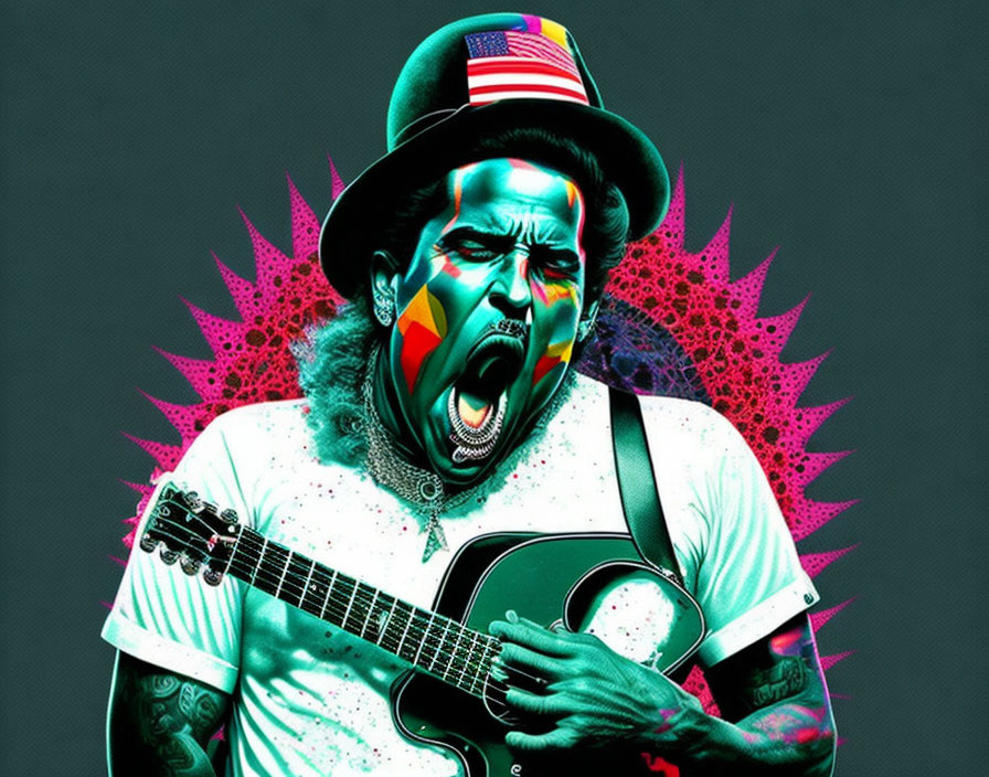 Colorful person playing ukulele and singing energetically with American flag hat in vibrant graphic.