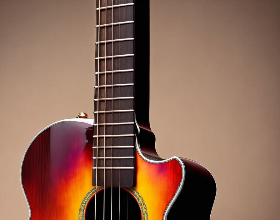 Detailed Close-Up of Curved Acoustic Guitar with Sunburst Finish