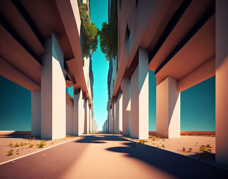 Deserted road under towering overpass with pillars and sparse vegetation