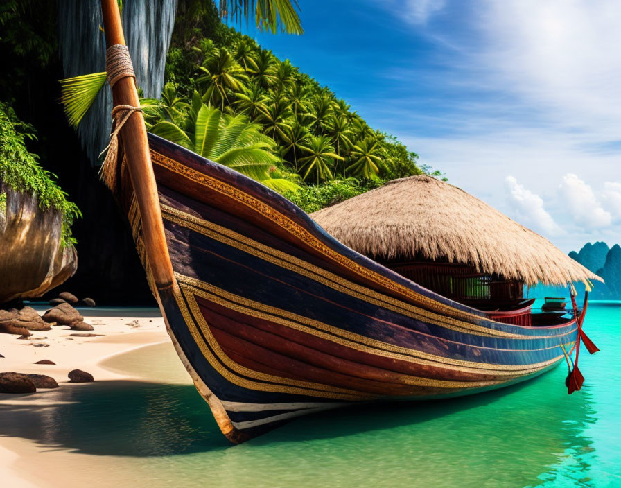 Colorful Wooden Boat with Thatched Roof on Sandy Tropical Beach