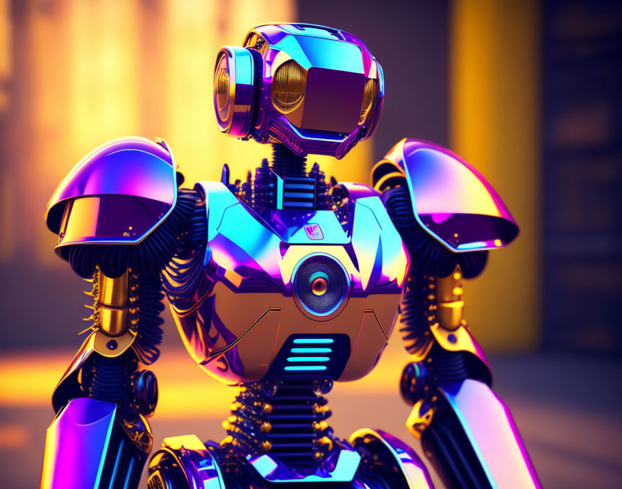 Stylized robot with dual-visor head on purple and blue metallic body