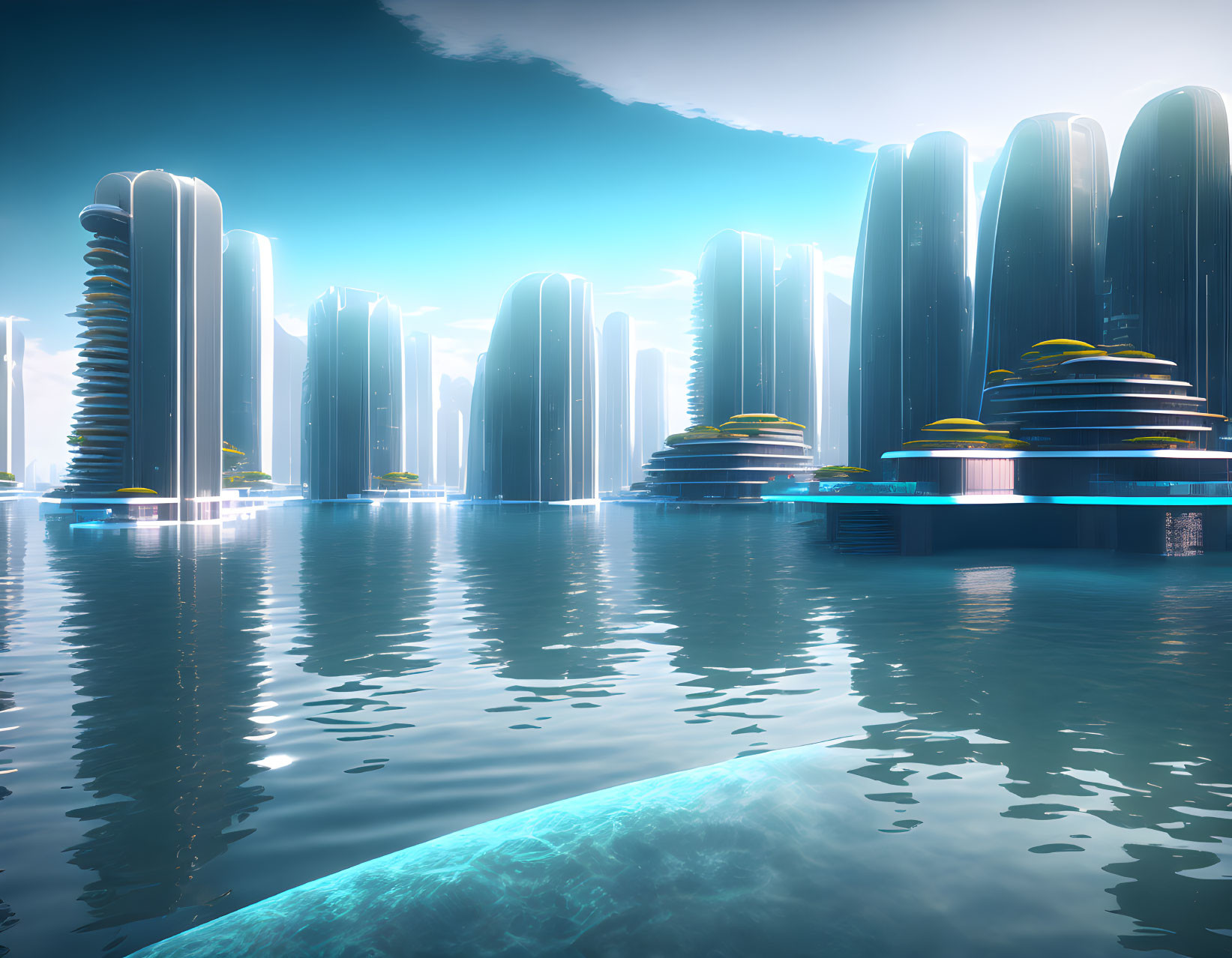 Sleek tall buildings in futuristic cityscape with calm water reflection