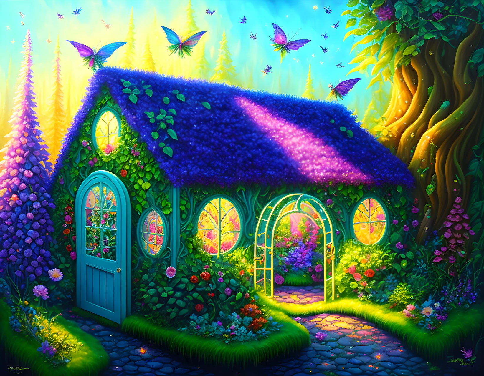 Fantasy illustration of a cozy cottage in magical forest with butterflies