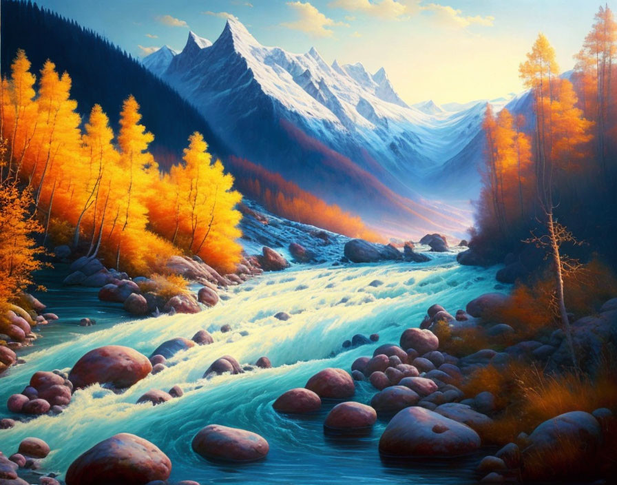 Scenic landscape: turquoise river, golden trees, snowy mountains