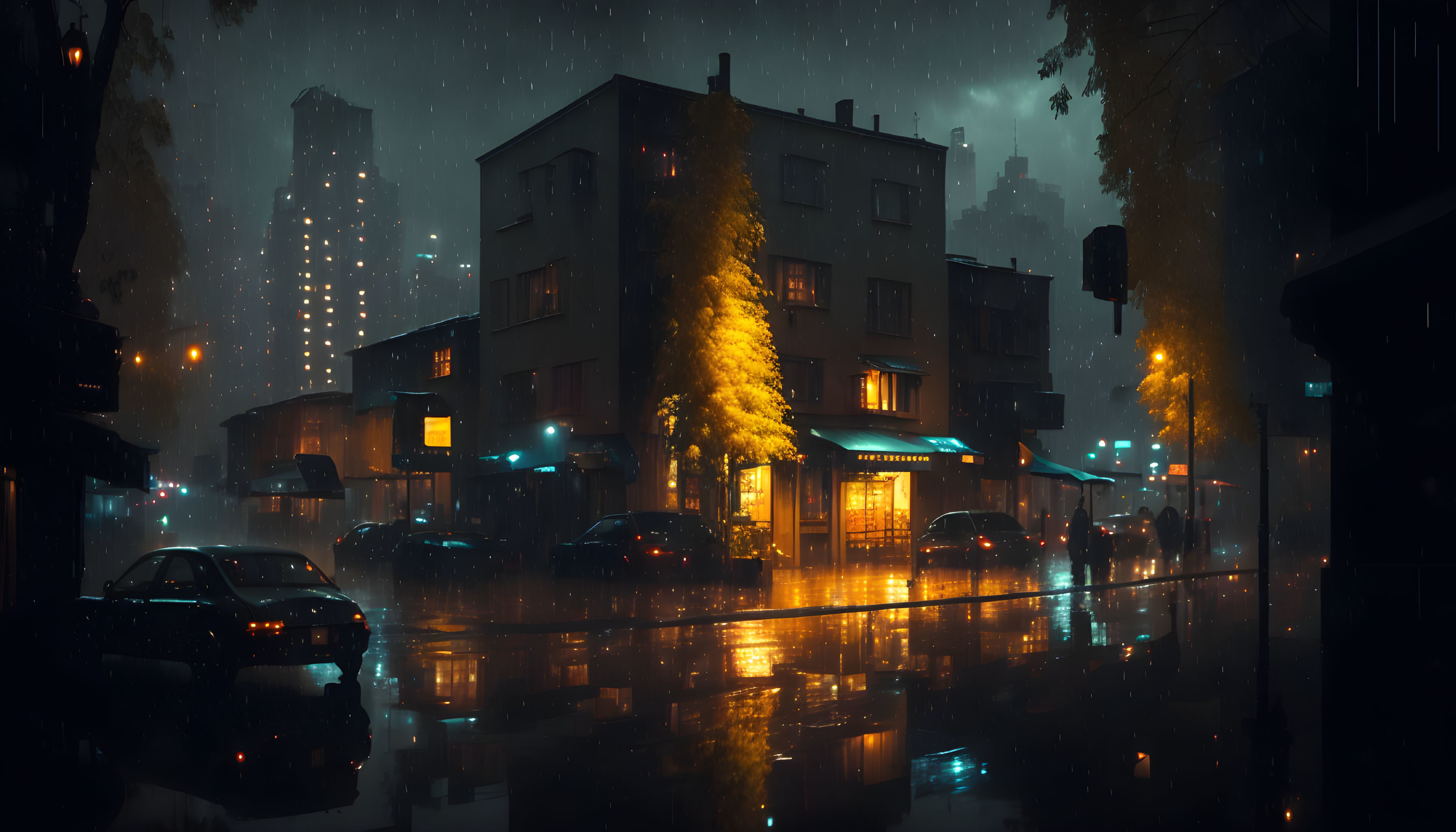 Cityscape on a Rainy Night: Wet Streets, Parked Cars, and Corner Shop under Dark