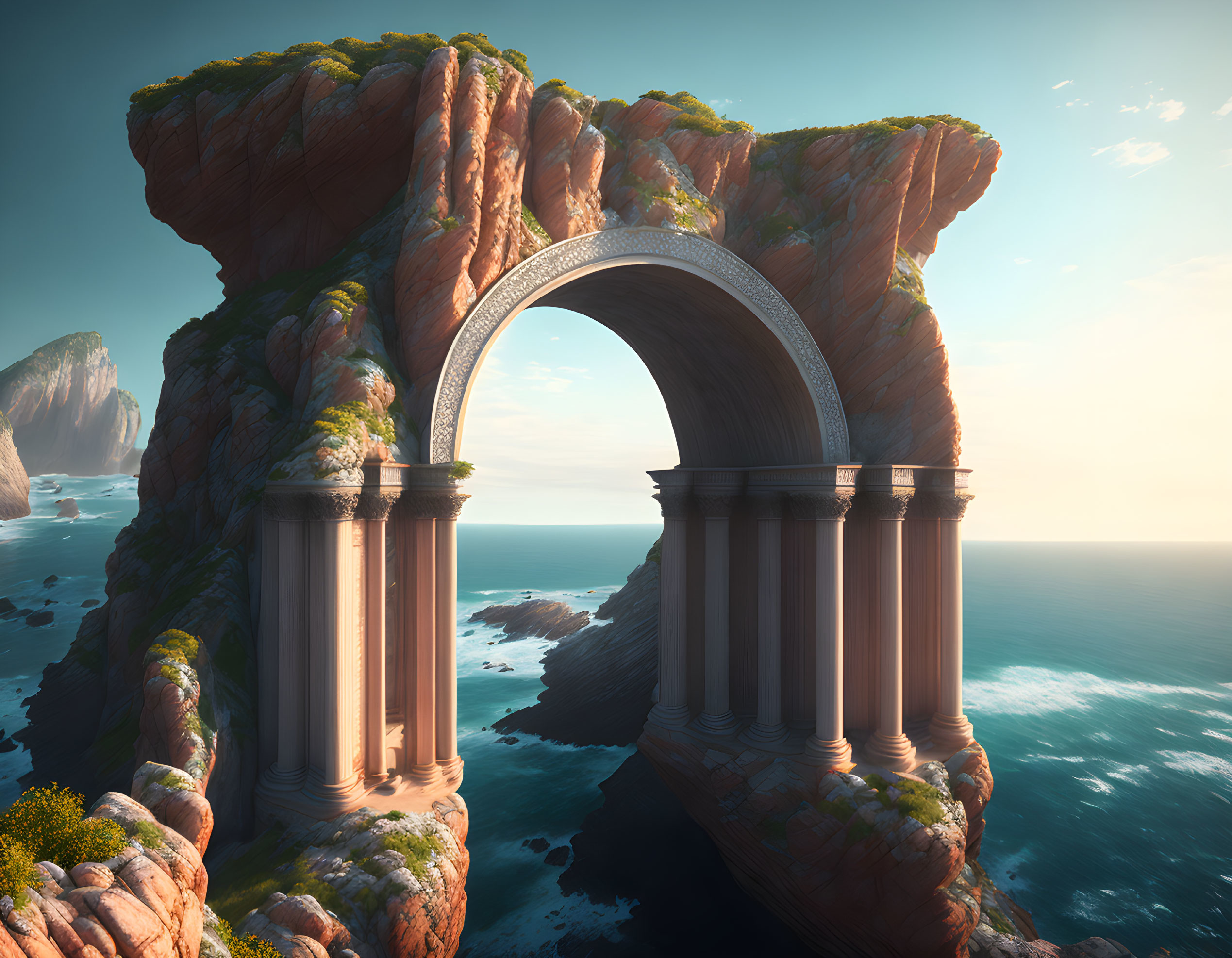 Stone Arch Structure with Classical Columns on Cliff Overlooking Ocean at Sunset