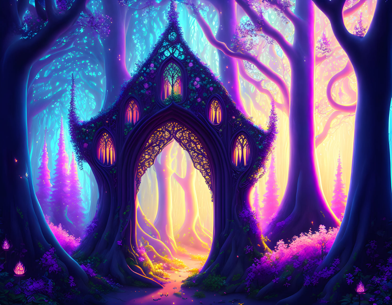 Detailed Ornate Gate in Vibrant Fantasy Woodland with Luminous Purple, Pink, and Yellow