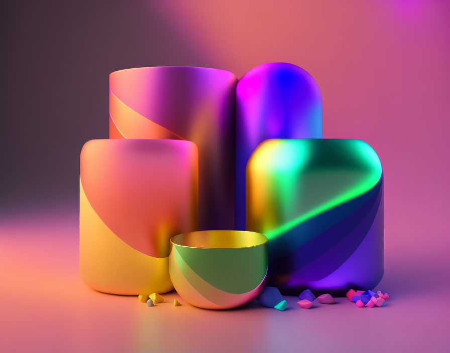 Colorful 3D Composition with Reflective Shapes on Purple Background