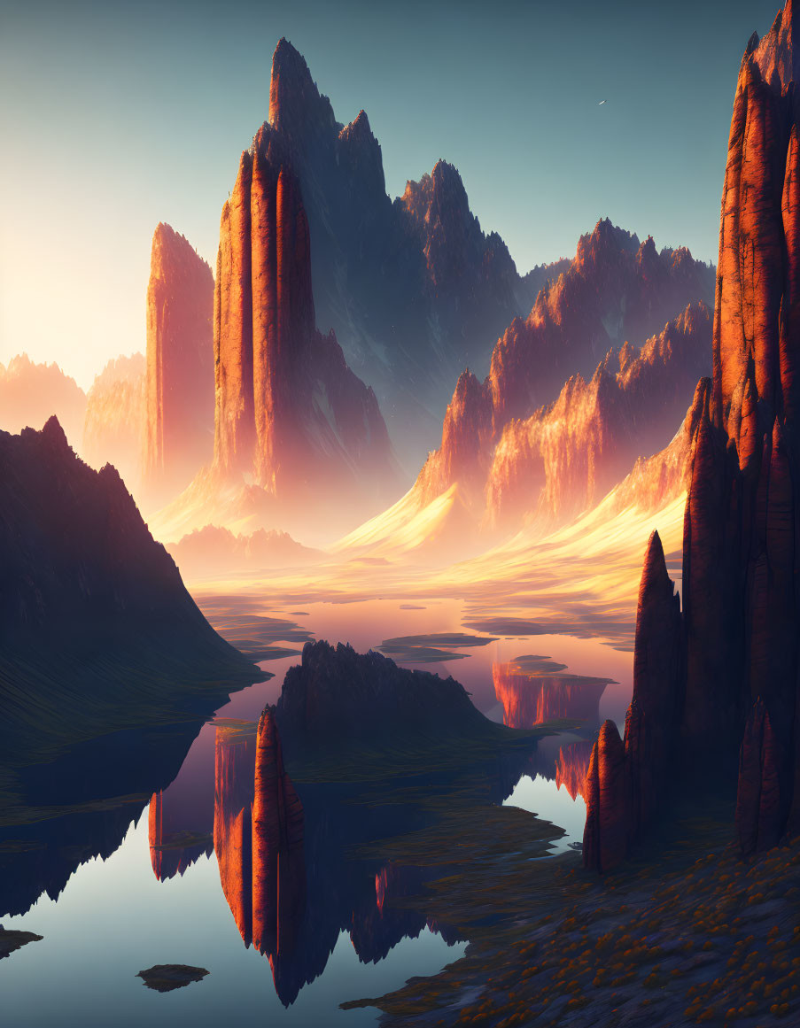 Tranquil sunrise landscape with towering mountains and serene lake