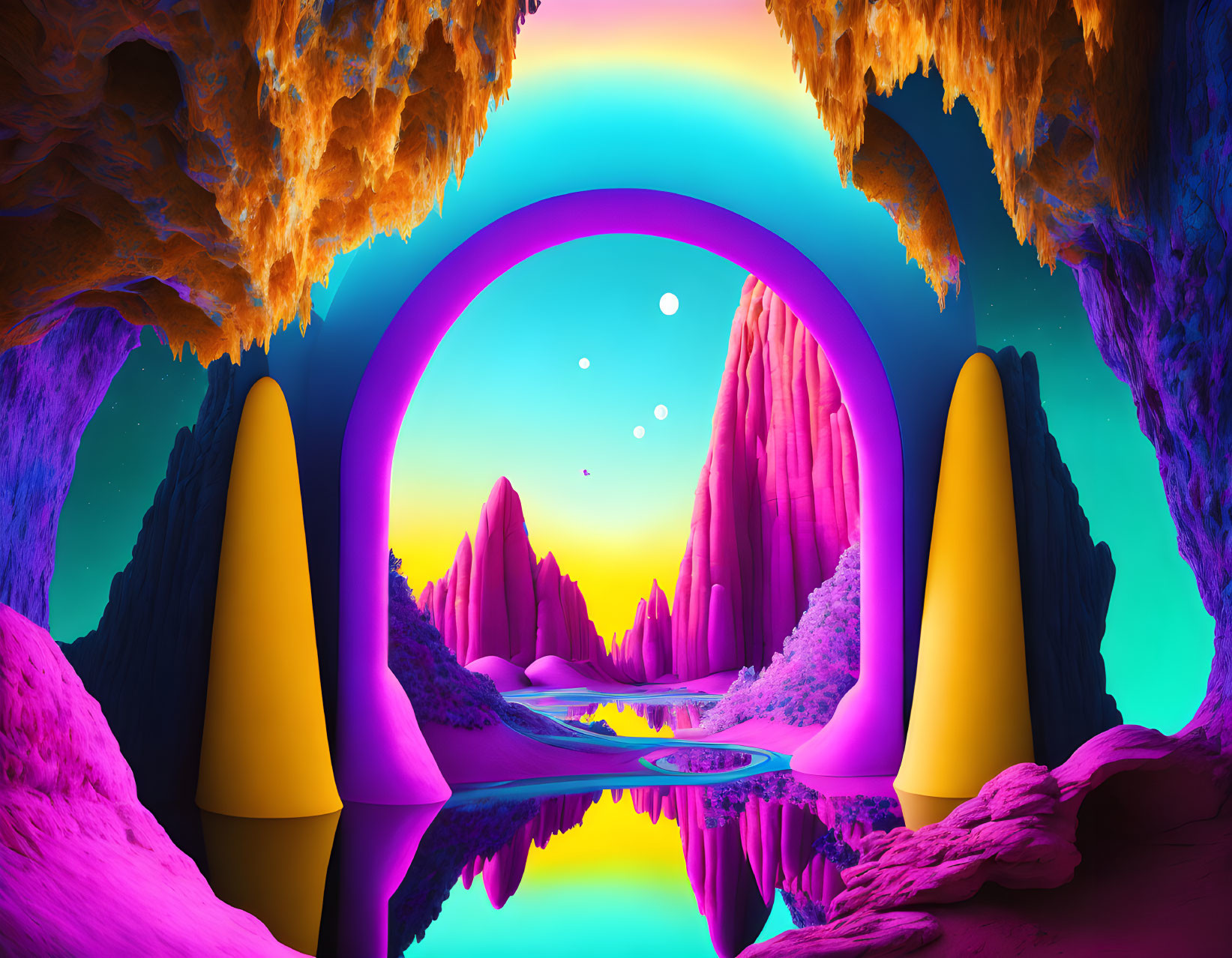 Vibrant digital art landscape with neon purple and blue hues