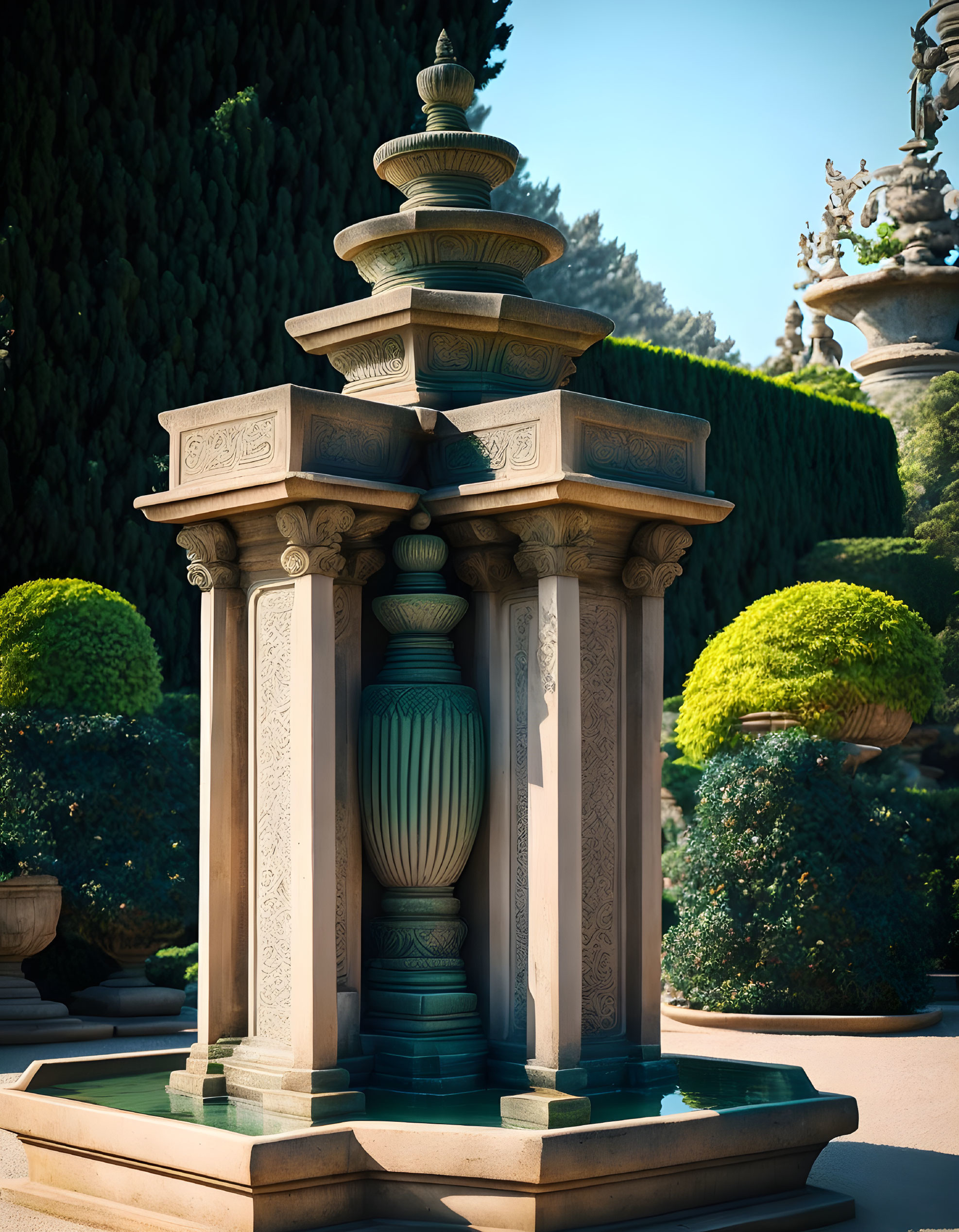 Tiered Stone Fountain Surrounded by Manicured Bushes in Serene Garden