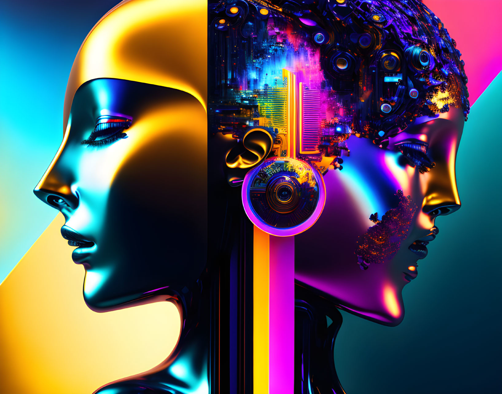 Colorful artwork featuring contrasting golden and cybernetic faces on multicolored background