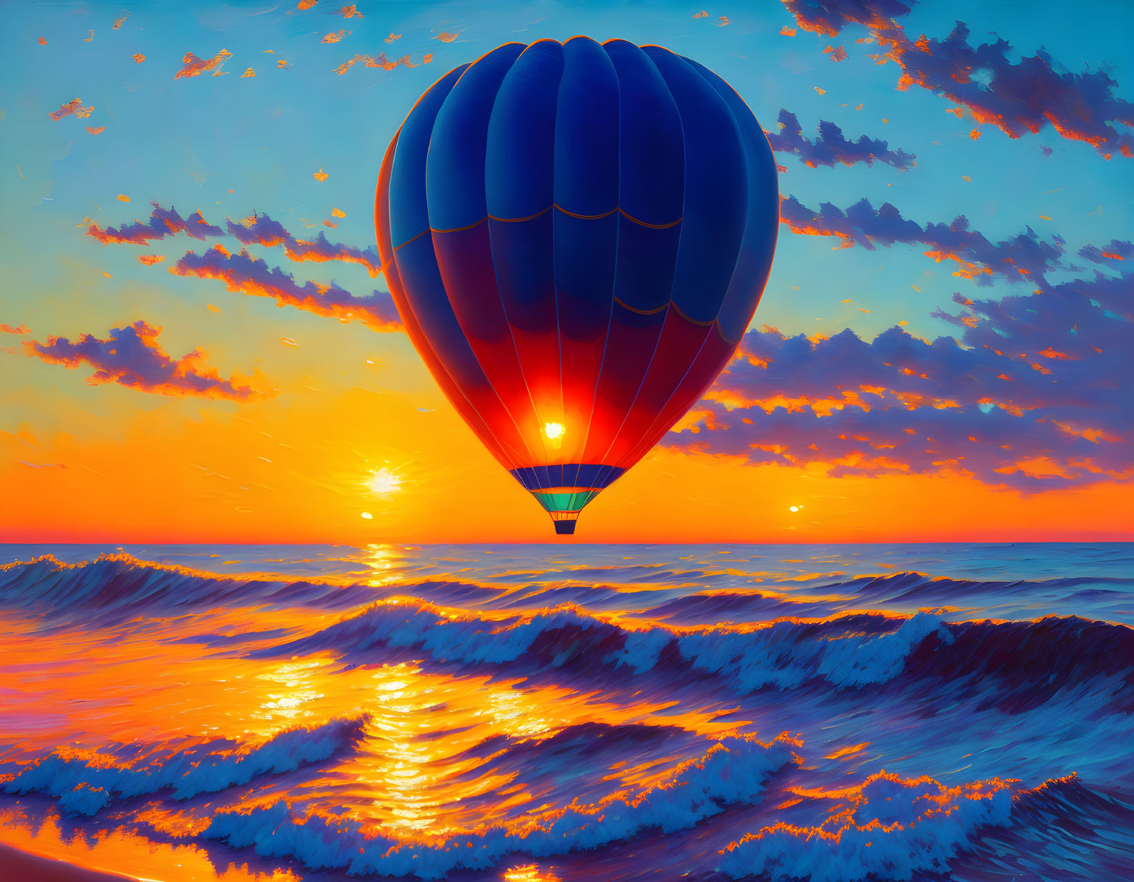 Hot air balloon over serene sea at sunset with crashing waves