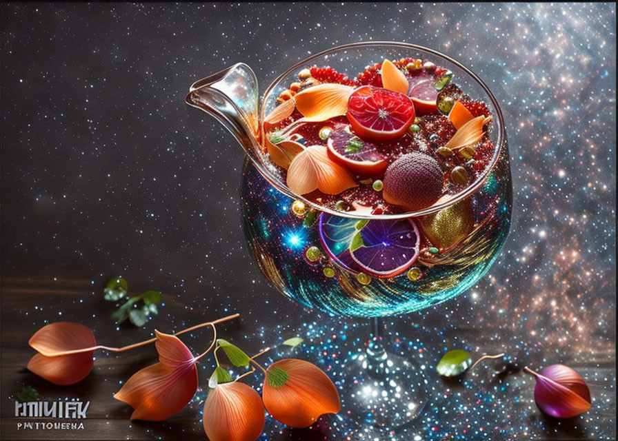 Colorful glass pitcher with fruits, baubles, and flowers on cosmic background