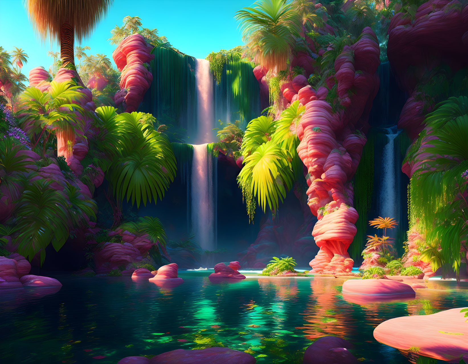 Fantasy landscape with cascading waterfall and lush pink foliage