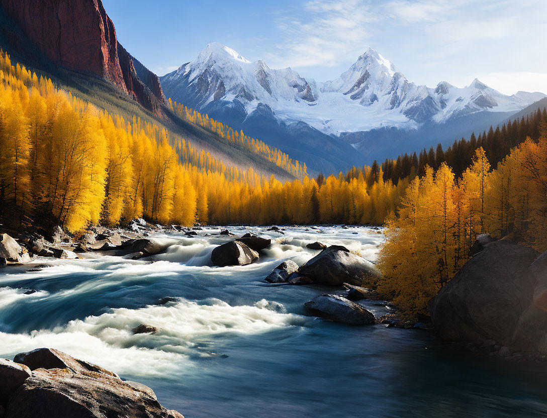 Tranquil river in golden forest with snowy mountains and blue sky