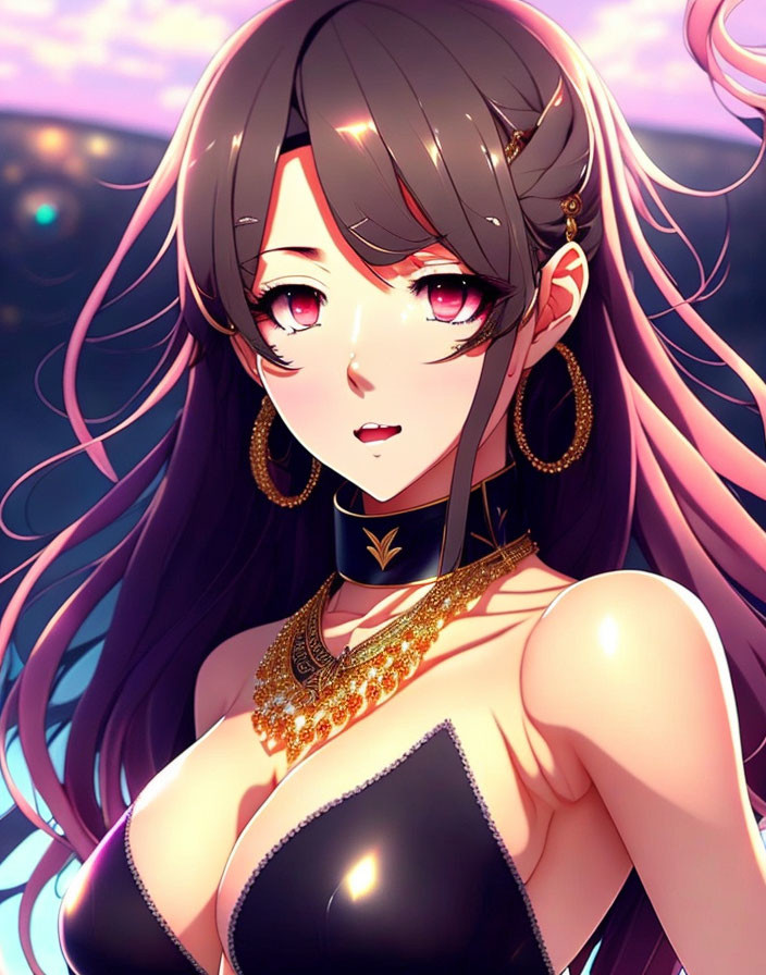 Female anime character with long purple hair, red eyes, gold jewelry, black dress in twilight.