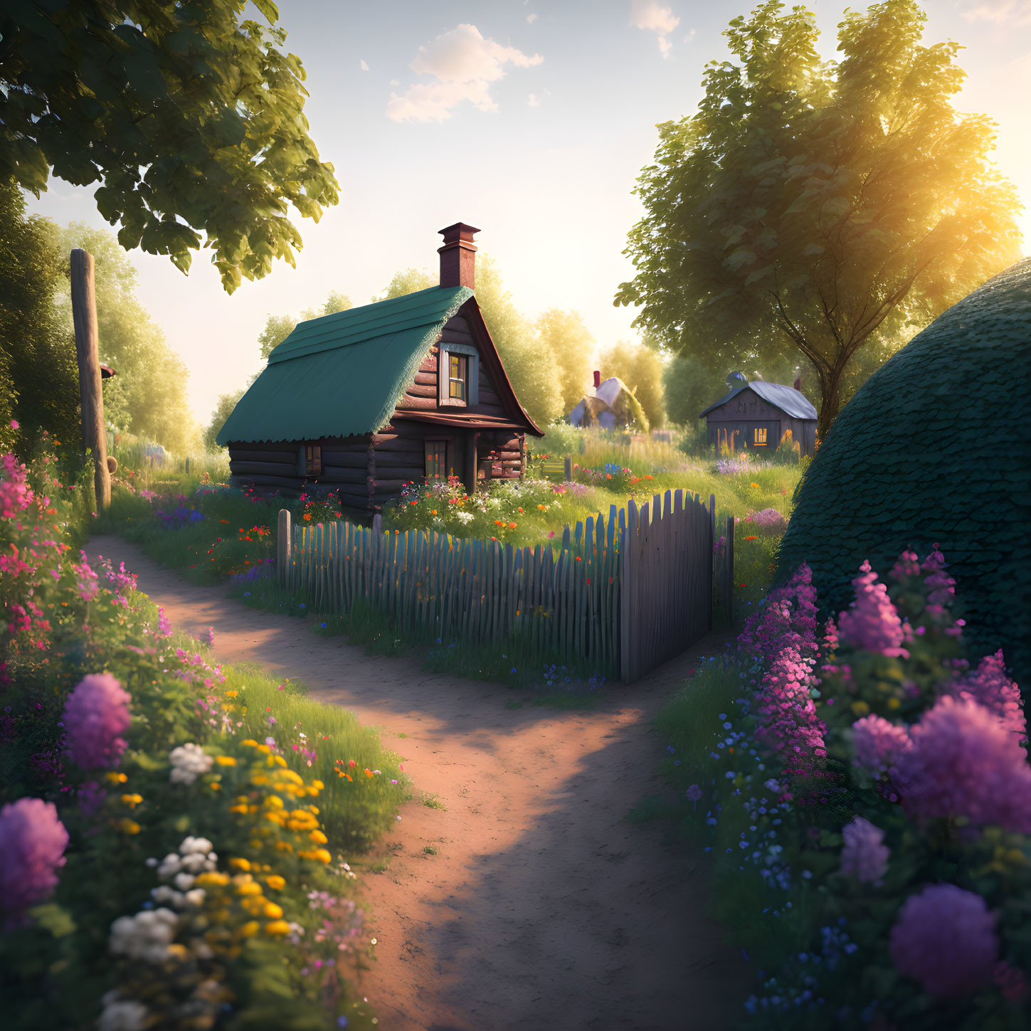Thatched roof cabin with wooden fence and wildflowers at sunset