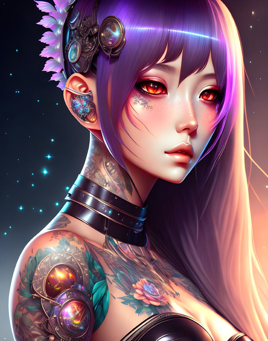 Stylized digital art: Female with purple hair, red eyes, mechanical earpiece