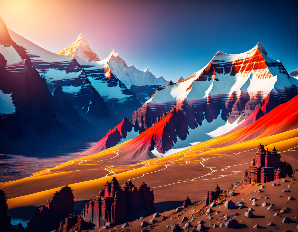 Snow-capped mountain peaks and golden valley landscape with red and gold hues