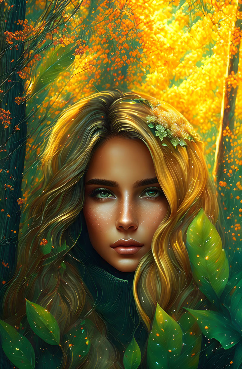 Digital Artwork: Woman with Golden Hair and Green Eyes in Autumn Setting