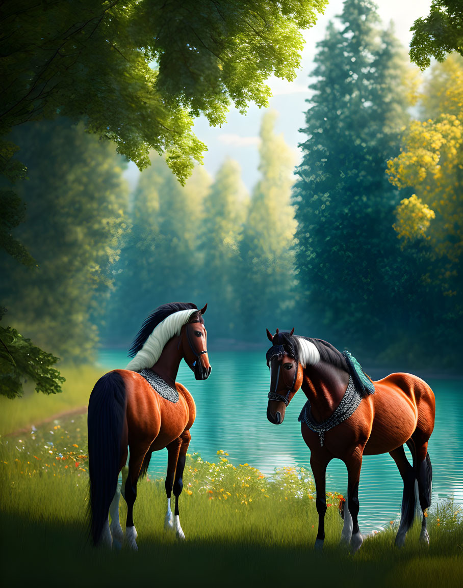 Majestic horses with ornate bridles by serene lake in lush forest