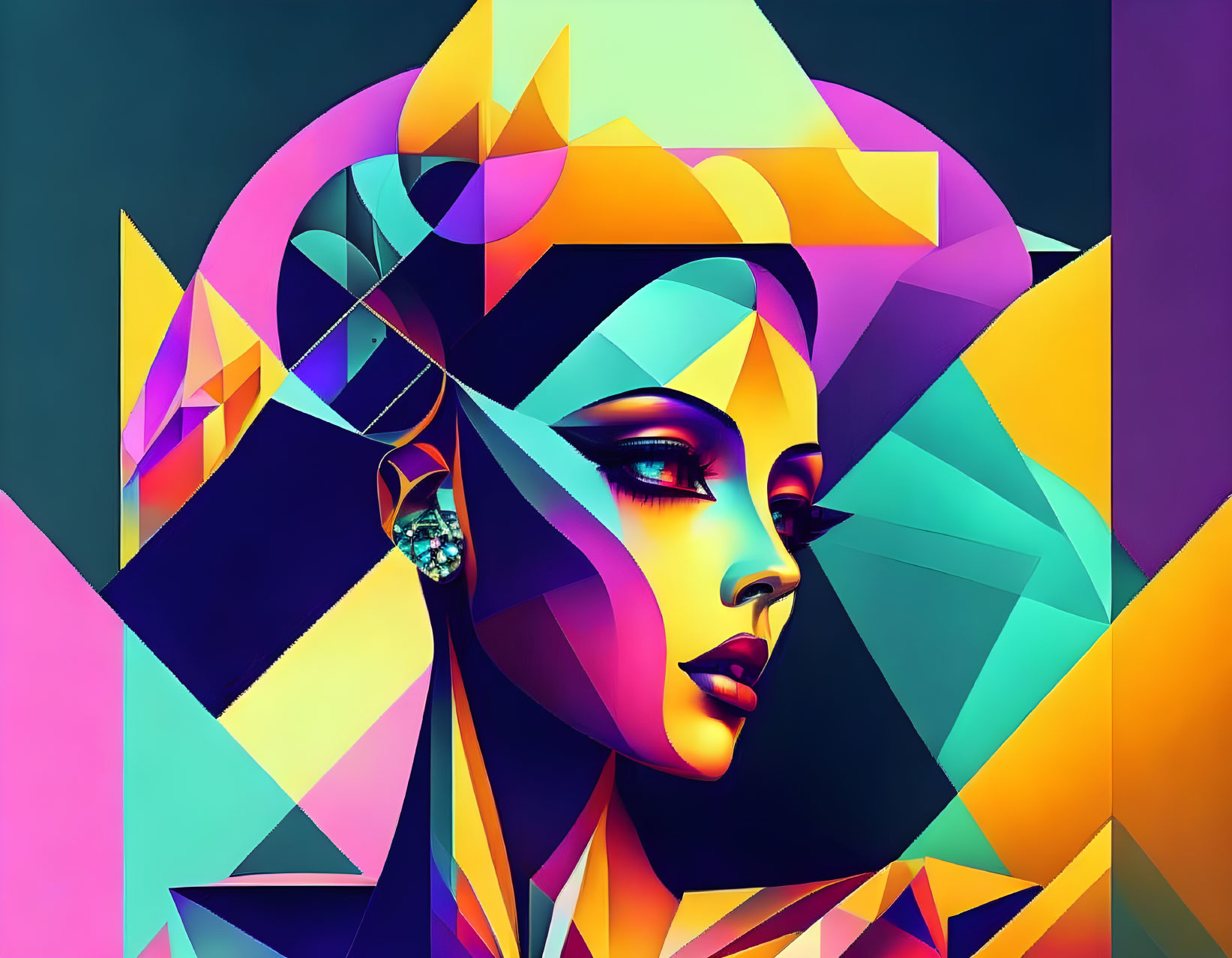 Colorful Abstract Digital Artwork of Woman's Profile with Geometric Shapes