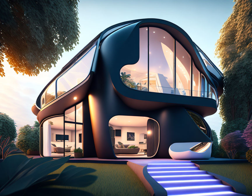 Futuristic Curvy House with Glass Windows in Serene Garden at Dusk