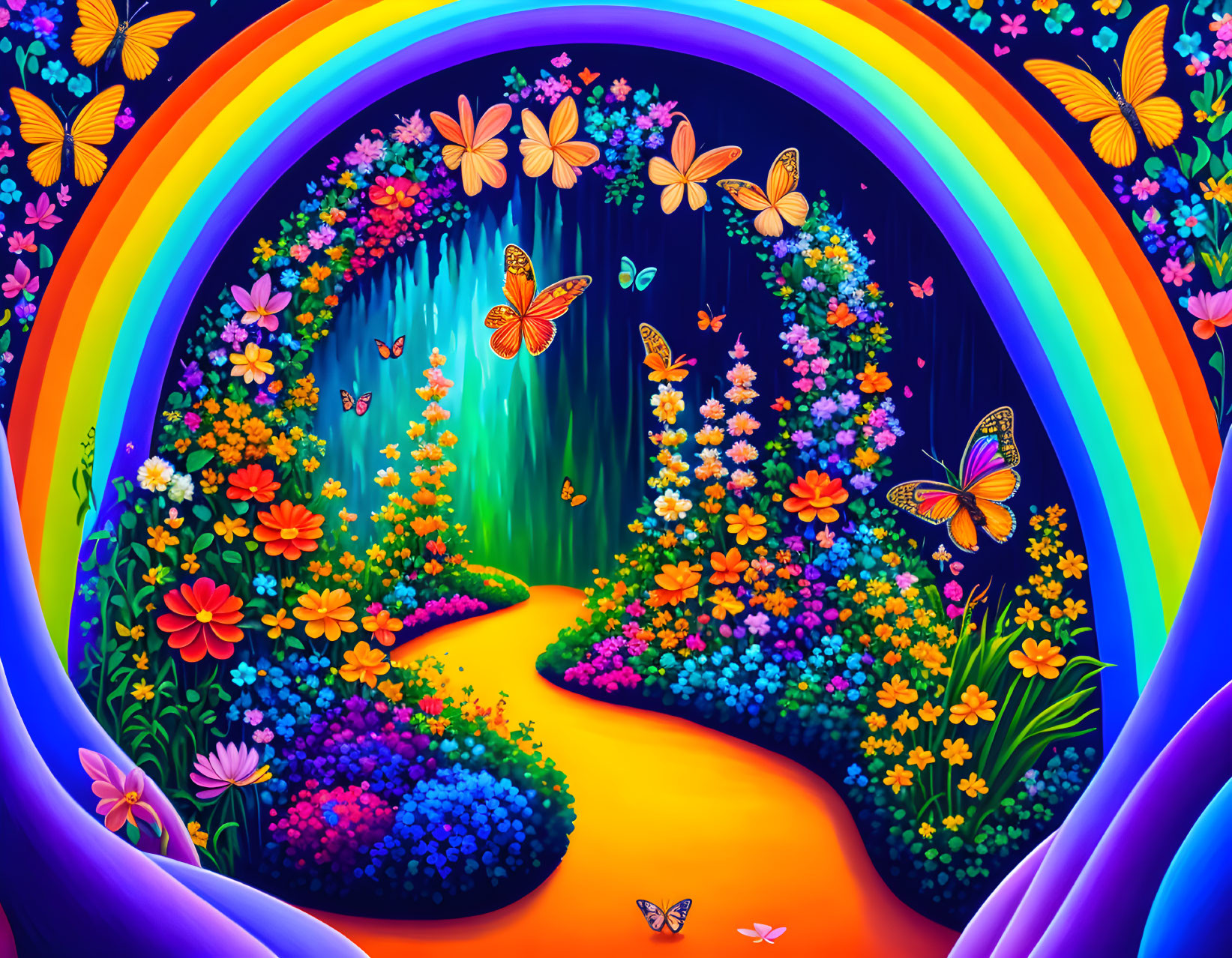 Colorful Path Leading to Rainbow Archway in Vibrant Landscape