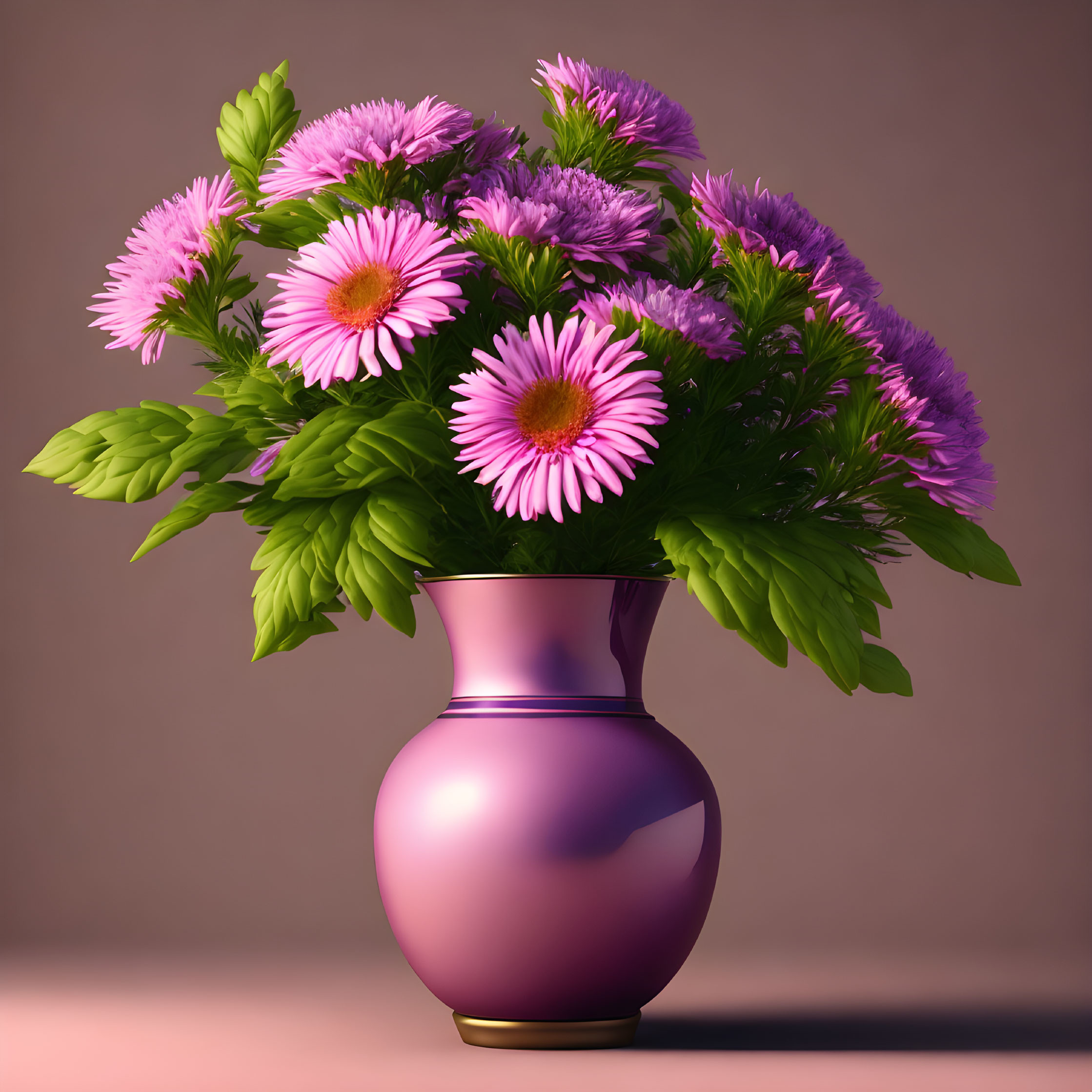 Pink and Purple Flowers in Glossy Purple Vase on Warm Background