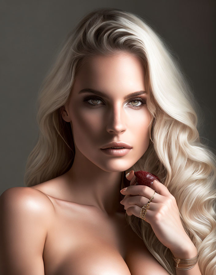 Portrait of Woman with Long Blonde Hair and Red Chili Pepper, Intense Gaze, Ring, Neutral