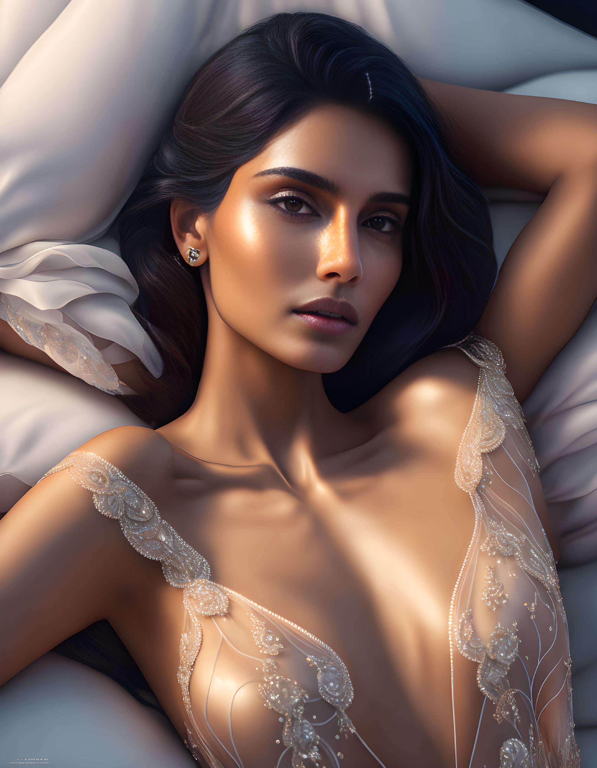 Dark-haired woman in sheer embroidered dress lying on white pillows