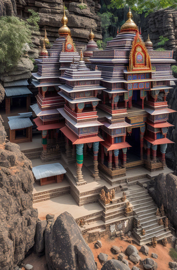 Colorful Multi-Tiered Temple with Gold Accents in Rocky Terrain