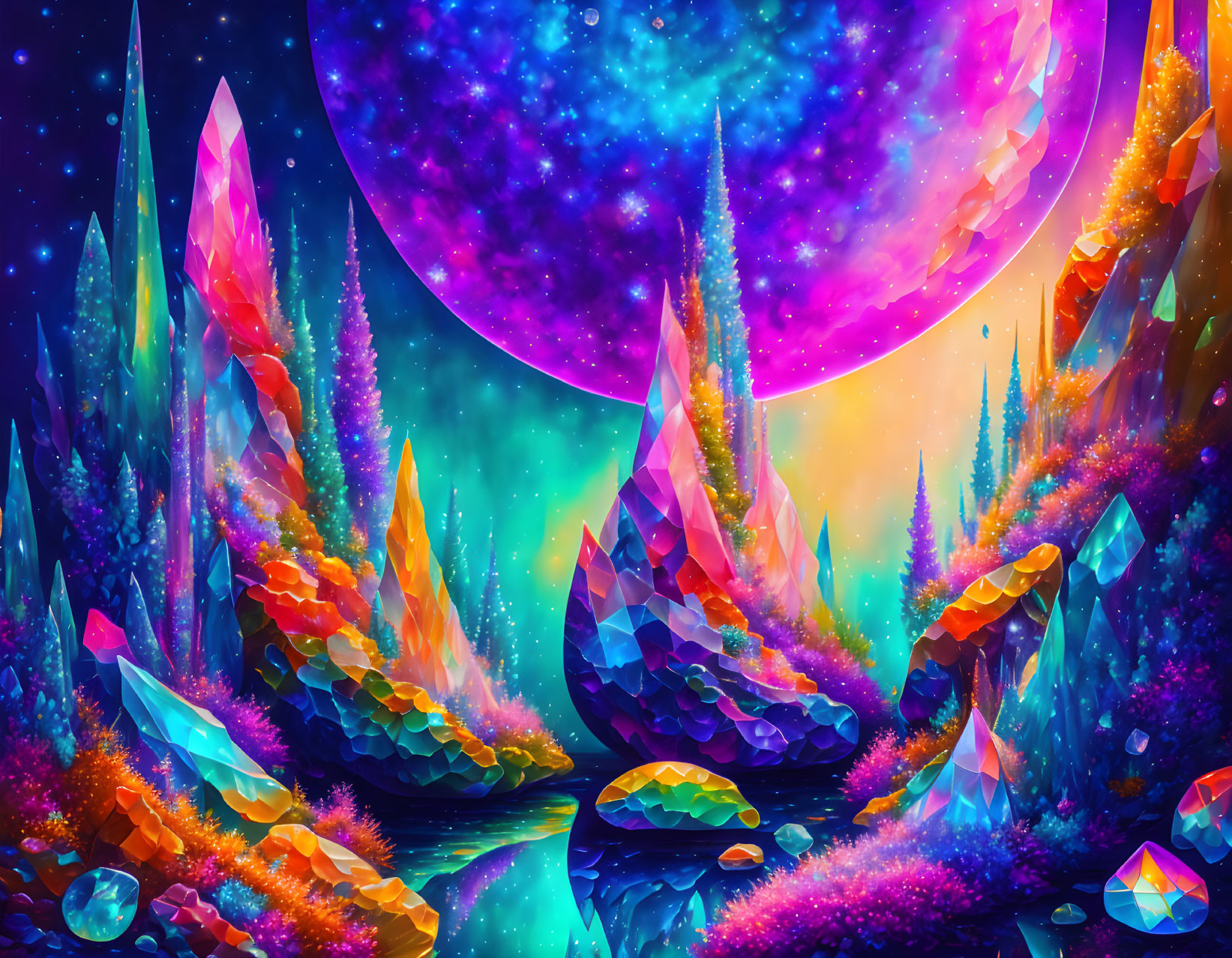 Colorful Crystal Formations in Vibrant Fantasy Landscape