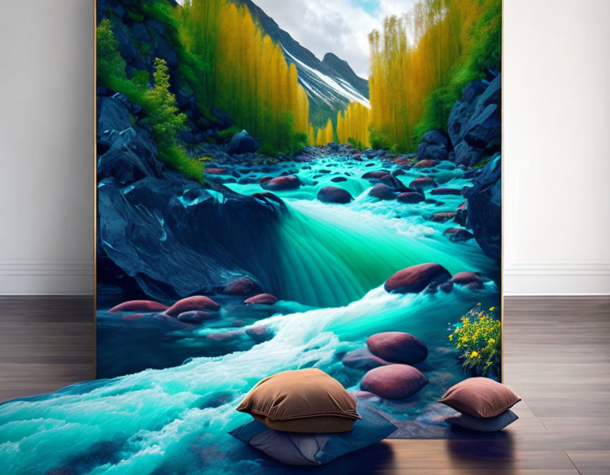 Colorful River Flowing Through Forest Wall Art with Cushions in Room